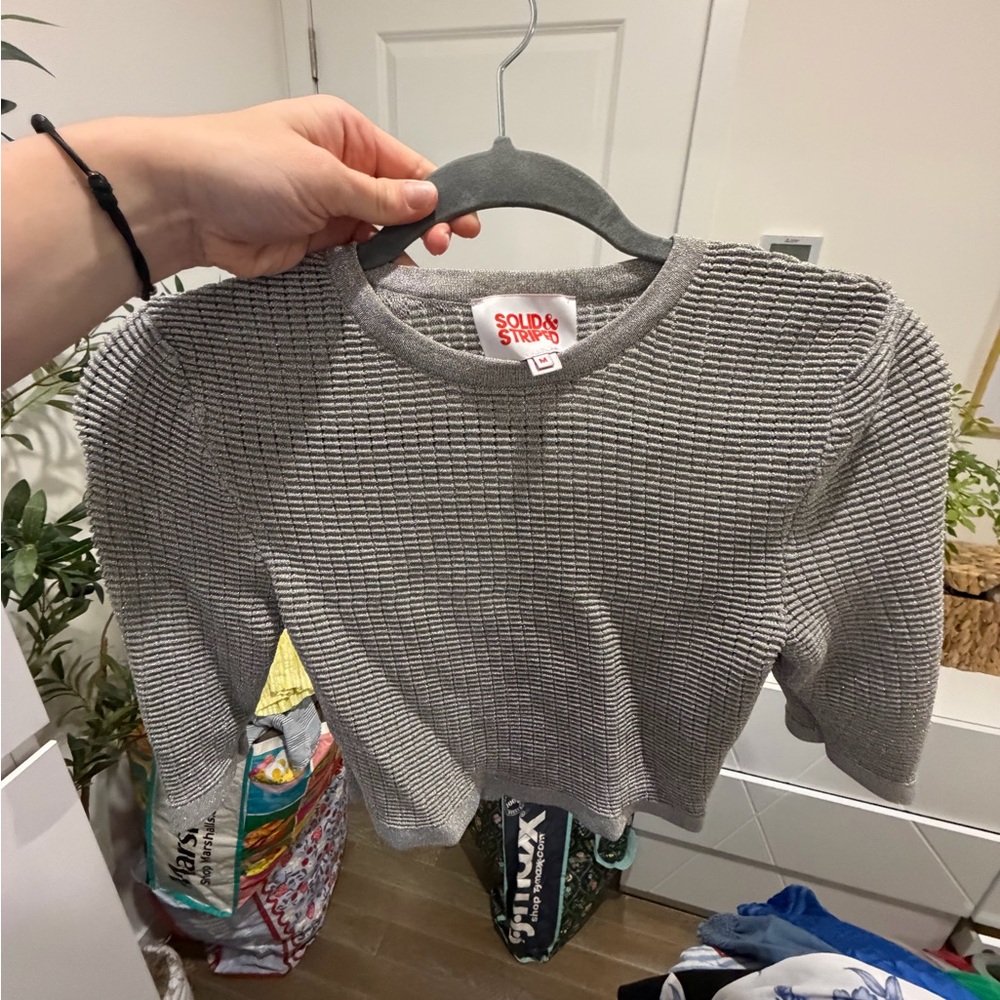 SOLID & STRIPED Textured Silver Short Sleeve Sweater